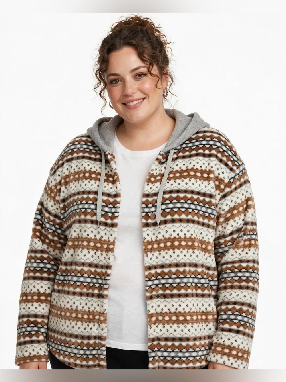 Brown and Gray Hooded Cardigan with Nordic Pattern 3X